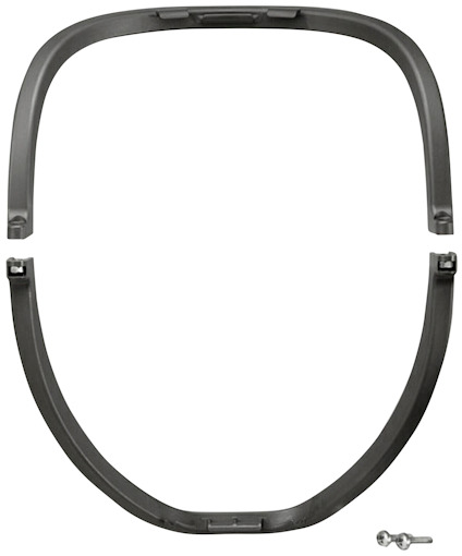 Svart, oval ram med två separata delar och en liten metallskruv bredvid.