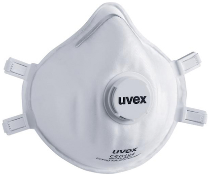 Vit filtrerande halvmask av märket uvex, med ventil framtill och elastiska band på sidorna.
