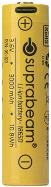 Gult cylindriskt litiumjonbatteri med texten "Suprabeam" och specifikationer tryckta på ytan.
