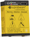 Gul batterietikett med suprabeam-logotyp. Varningar: brand, värme, skador. Text: "Li-polymer battery", "Max. 60°C".