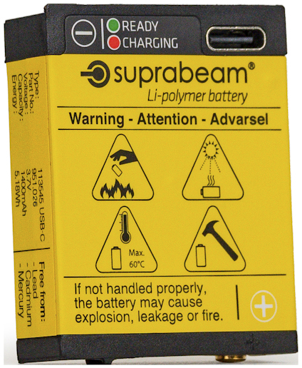 Gul batterietikett med suprabeam-logotyp. Varningar: brand, värme, skador. Text: "Li-polymer battery", "Max. 60°C".