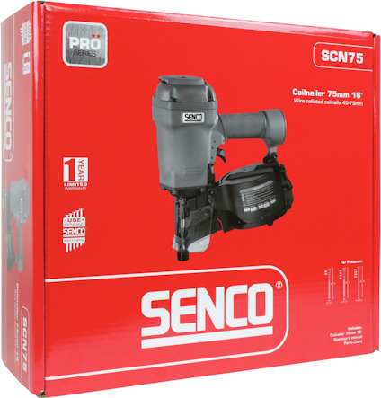 Röd förpackning med graffeln Senco SCN75, visar en kolspikpistol. Text: "Pro Series", "75mm 16°", "1 Year Limited".