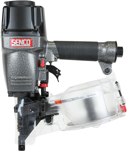 Spikpistol med svart och grått hölje, märkt "Senco", och transparent magasin.