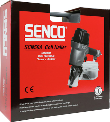 Förpackning med röd och svart design för en Senco SCN58A Coil Nailer.
