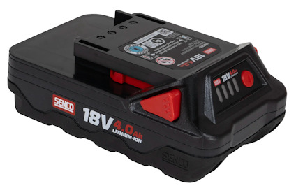 Svart och rött Senco 18V 4,0 Ah litiumjonbatteri med indikator och märkning på ovansidan.
