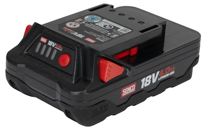Senco 18V Li-ion batteri, 4.0 Ah kapacitet. Svart med röda detaljer och märkningar på ovansidan.