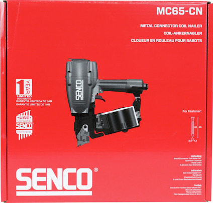 Röd förpackning med bild på en spikpistol och texten "Senco MC65-CN" samt produktdetaljer.