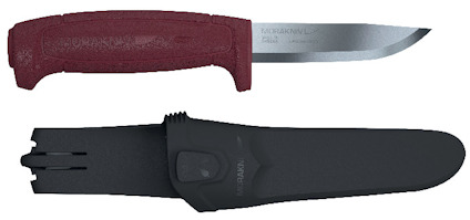 Röd Morakniv med blad i rostfritt stål och svart slida. Slidan har bältesfäste.
