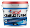 Vit och blå hink med texten "Hey'di Cemflex Turbo 8 KG" på etiketten. Flera symboler syns.