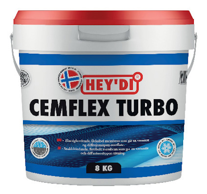 Vit och blå hink med texten "Hey'di Cemflex Turbo 8 KG" på etiketten. Flera symboler syns.