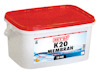 Vit plastbehållare med rött lock märkt "HEY'DI K20 MEMBRAN 15 KG" med blå dekor och produktetikett.