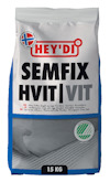 Påsen visar "HEY'DI SEMFIX HVIT | VIT" med ett norsk flaggsymbol och en illustration av applicering.