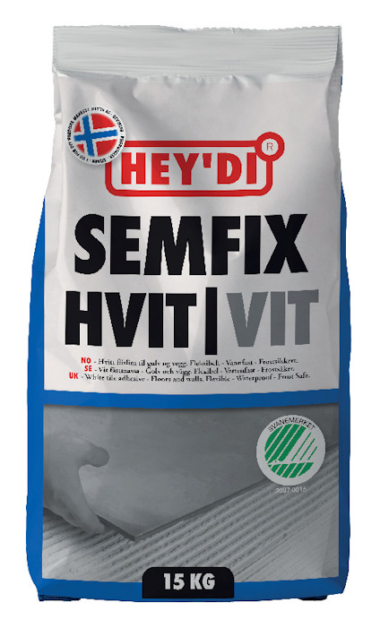 Påsen visar "HEY'DI SEMFIX HVIT | VIT" med ett norsk flaggsymbol och en illustration av applicering.