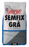 Förpackning med texten "HEY'DI SEMFIX GRÅ 15 KG", med norska flaggan och en grå grafisk detalj.