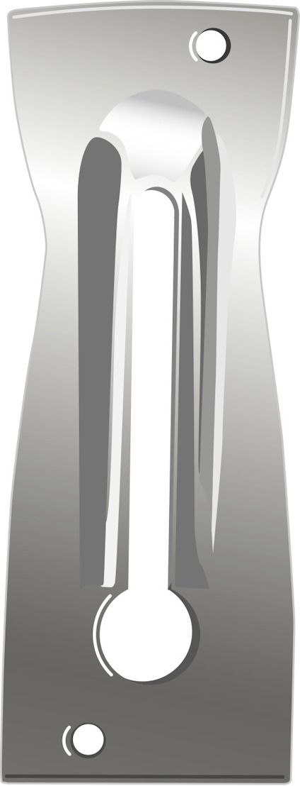 Metallisk spännkil med tre hål, ett avlångt centralt spår, och reflekterande yta.
