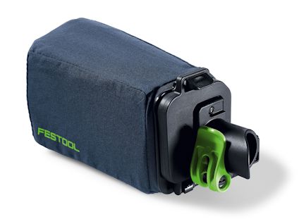 Dammpåse i tyg med svart plastram och grön anslutning. Texten "FESTOOL" är synlig i grönt.