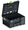 Öppen svart förvaringslåda med lock, texten "SYS ECO 100", "50% CO₂ emissions", och "65% Recycling material".
