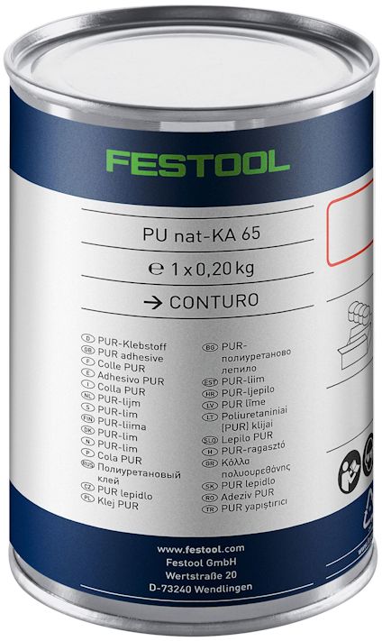 Cylindrisk burk med etikett som visar "FESTOOL" och listar olika limtyper på flera språk.