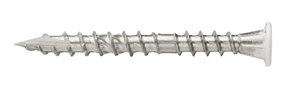 Metallskruv med vassa gängor och platt huvud, liggande horisontellt.