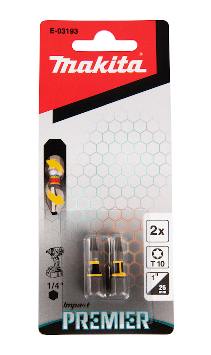 Förpackning med två Makita Premier bits, 25 mm, med geometriska hexagonmönster i bakgrunden.