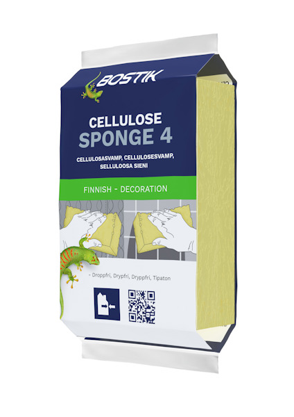 Förpackning med en Bostik Cellulosasvamp nr 4 med text på flera språk.