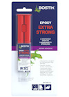 Förpackning med Bostik Epoxy Extra Strong 2-komponentslim, 24 ml, med röd applikator och instruktioner på flera språk.