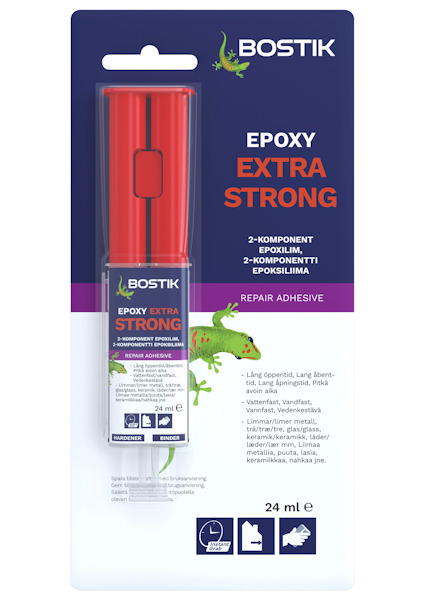 Förpackning med Bostik Epoxy Extra Strong 2-komponentslim, 24 ml, med röd applikator och instruktioner på flera språk.