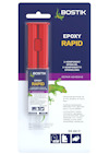 Förpackning av Bostik Epoxy Rapid lim, 24 ml, med röd applikator, instruktioner och illustration av en gecko på framsidan.