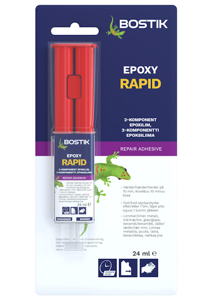 Förpackning av Bostik Epoxy Rapid lim, 24 ml, med röd applikator, instruktioner och illustration av en gecko på framsidan.