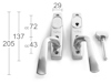 Handtag med skruvhål och nyckel, mätningar i millimeter: 205, 137, 72, 43, 29. Nyckel till höger.