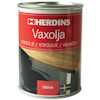 Herdins Vaxolja 500ml burk med rött och vitt etikettdesign, visar ett träbord och svensk flagga.