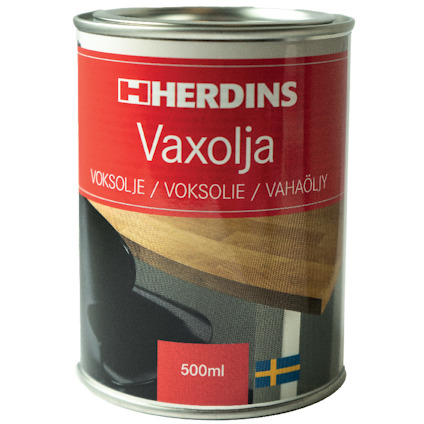Herdins Vaxolja 500ml burk med rött och vitt etikettdesign, visar ett träbord och svensk flagga.