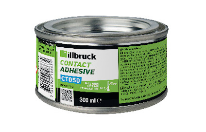 Grön och silver burk med texten "illbruck CONTACT ADHESIVE CT050" och ytterligare information på etiketten.