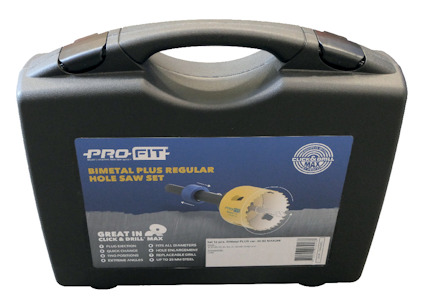 Svart plastväska med etikett som har texten "PRO-FIT Bimetal Plus Regular Hole Saw Set".