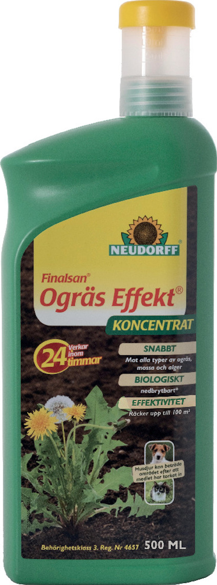 Grön flaska med texten "Finalsan Ogräs Effekt Koncentrat" och bilder av blommor. Volym: 500 ml.
