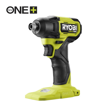 Slagskruvdragare i grönt och svart, märkt "RYOBI ONE+" med synlig patron för verktygsbits.