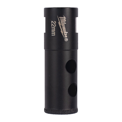 Svart diamantborr med texten "Milwaukee 22mm" i vitt. Cylindrisk form med flera utskärningar.
