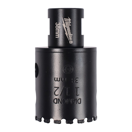 Svart diamantborr med M14-fäste och text "Milwaukee 38mm" tryckt på ovansidan.