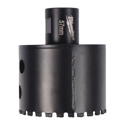 Cylindrisk svart borrhuvud med tandad kant och texten "57mm" i vit stil.