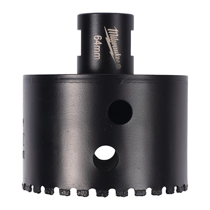 Svart borr med tandad cirkulär form, märkning "64mm".
