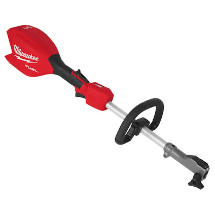Röd och svart multitrimmer med handtag och grått skaft, märkt "Milwaukee Fuel".