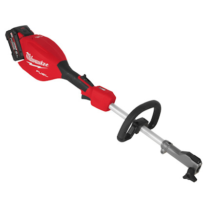 Röd och svart trädgårdstrimmer med avtagbart batteri och rund handtagsdel.