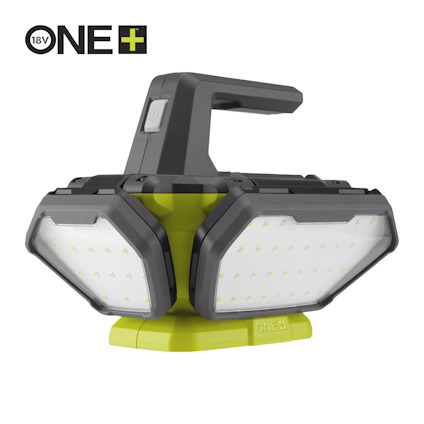 Arbetsbelysning av märket RYOBI med två justerbara LED-paneler på en grön bas, märkt med "ONE+ 18V".