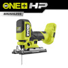 Grön och svart sticksåg med texten "Ryobi" på sidan, omgiven av märken för "18V", "ONE+" och "HP Brushless".