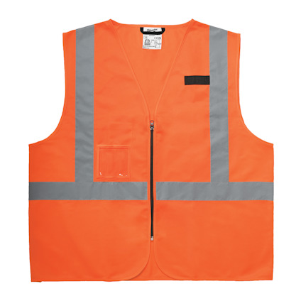 Orange varselväst med breda, grå reflekterande ränder och dragkedja fram.
