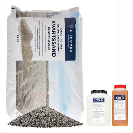 Förpackning med kvartsand och två behållare märkta Lithomex L20 A och L20 B.