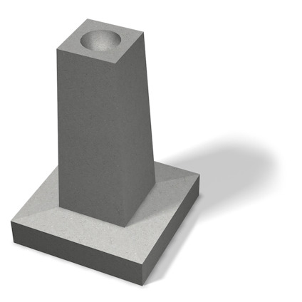 Betongplint med en kvadratisk bas och en cylindrisk urholkning på toppen, mot en vit bakgrund.