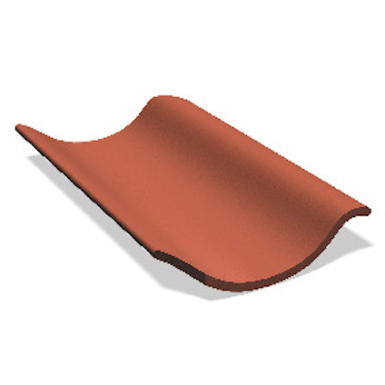 Rödbrun, böjd lertegelpanna med slät yta och enkel design.