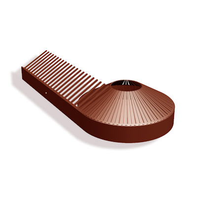 Röd plastdel med räfflad yta och rundad form, liknar en ventilationsdetalj.