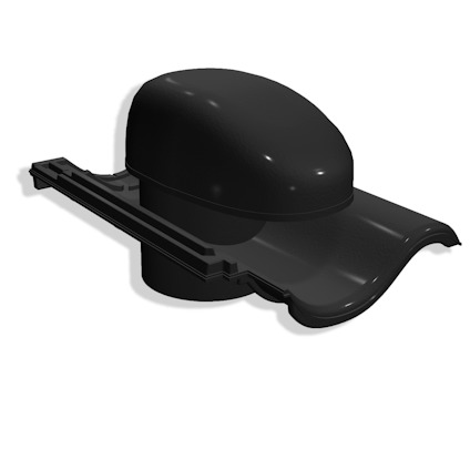 Svart, glaserad ventilationsdel i keramiskt material med böjd och slät yta.